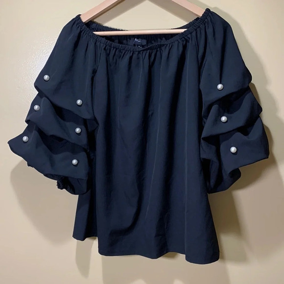 MSK Puffy bubble sleeve Pearl studded blouse black size medium off the shoulder - Picture 1 of 7